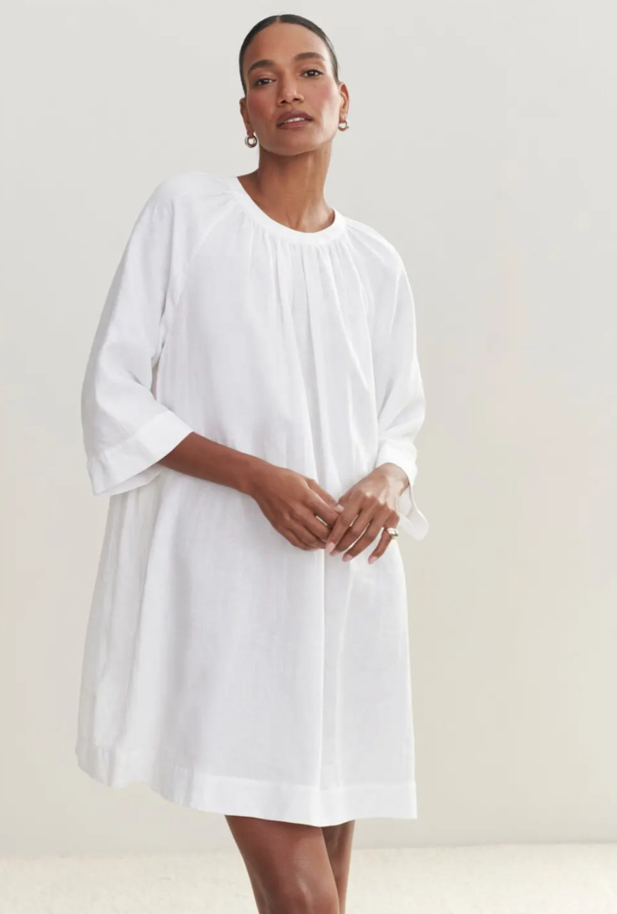Jenni Kayne Linen August Dress Womens L White Relaxed Mini Shirt 3/4 Sleeve